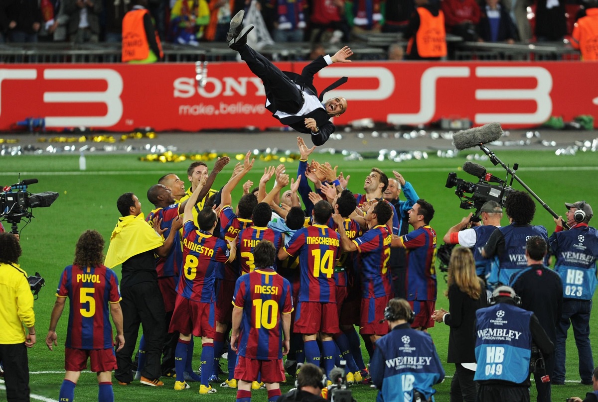 Guardiola airborne, Wembley 2011
